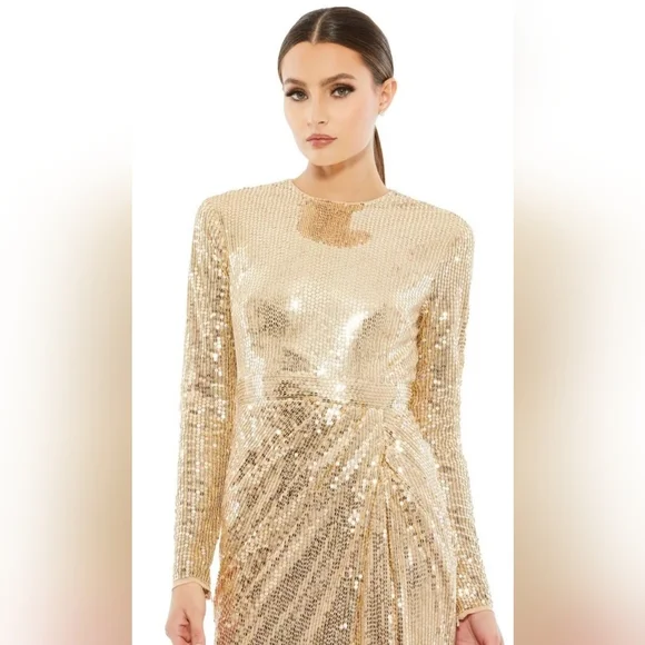 Mac Duggal 10824 Sequined High Neck Long Sleeve Draped Gown Gold Size 14 Woman's